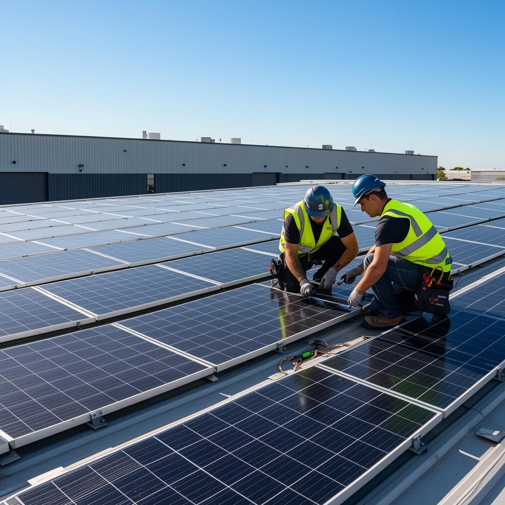 Tecnici IET durante l'installazione di un impianto fotovoltaico aziendale